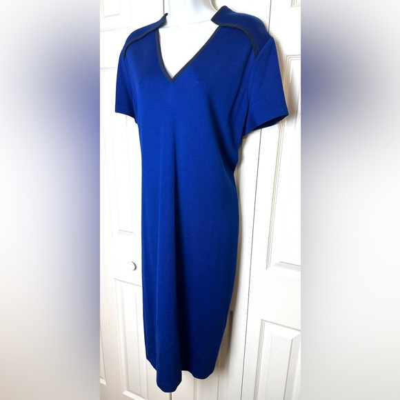 New ST. JOHN Cobalt Blue Dress Wool Shift Sheath Sweater Knit Navy Silk Trim - Picture 5 of 16